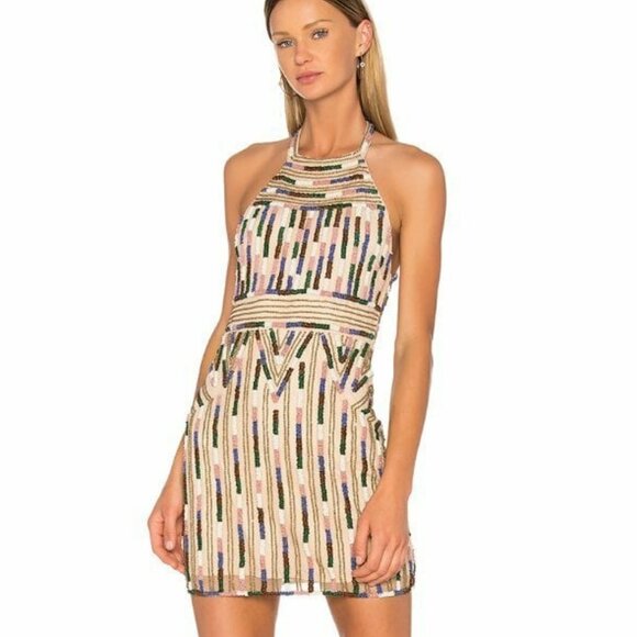 NWT NBD Paris Kendra Aztec Beaded Halter Mini Dress S MSRP $328 - Picture 1 of 12
